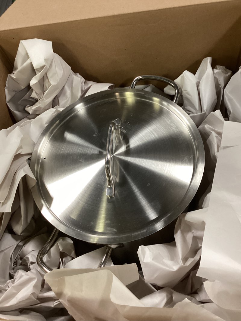 Condition photo showing Good Condition for Amazon Basics 12 Quarts Stainless Steel Aluminum-Clad Stock Pot with Cover, Induction Compatible, Dishwasher Safe, Oven Safe, Even Heating, Soup and Pasta Pot