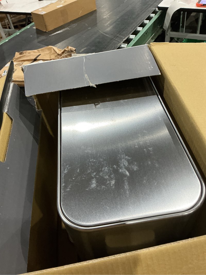 Condition photo showing As Is for simplehuman 15l mini recycler step can, dual compartment trash can for hotel, offices and small spaces, brushed stainless steel