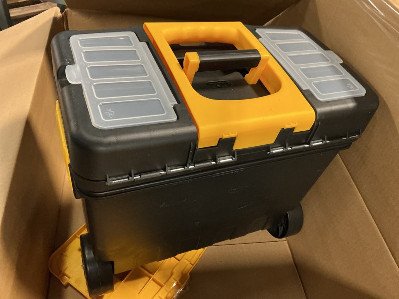 Condition photo showing Good Condition for portable tool box with wheels - stackable 2-in-1 tool chest with fold-down comfort handles, tough latches, and removable storage trays by stalwart 2-in-1 black/yellow