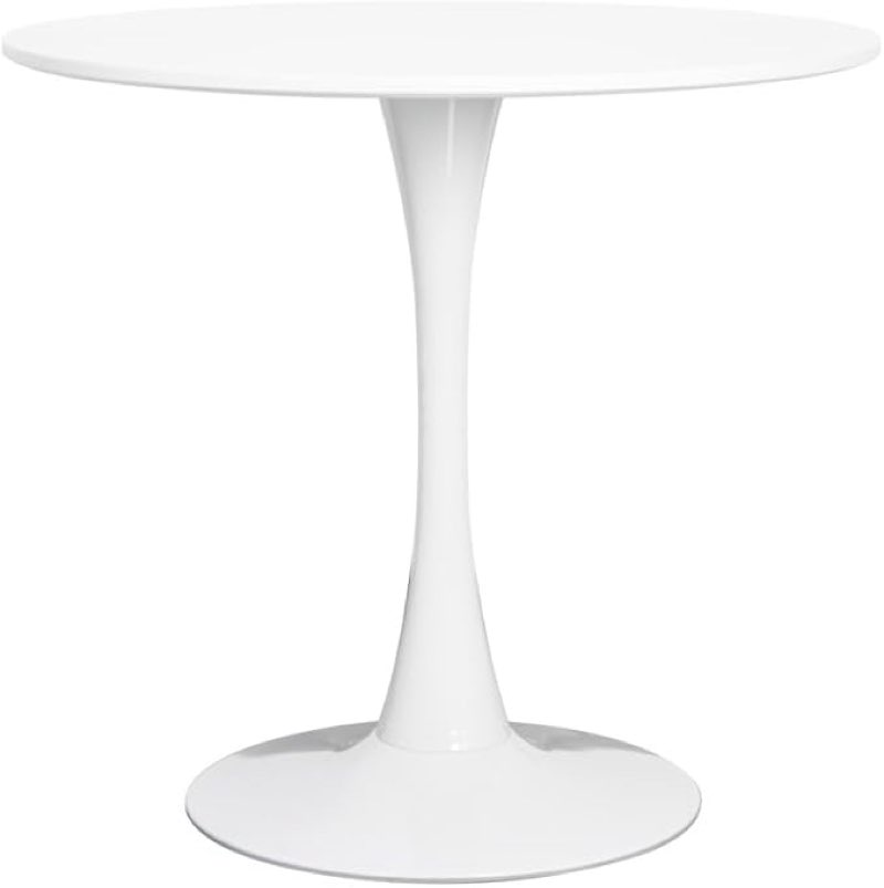 31.5 inch white round dining table with pedestal base, mid-century kitchen table for 2 to 4 people (white + mdf + metal)
