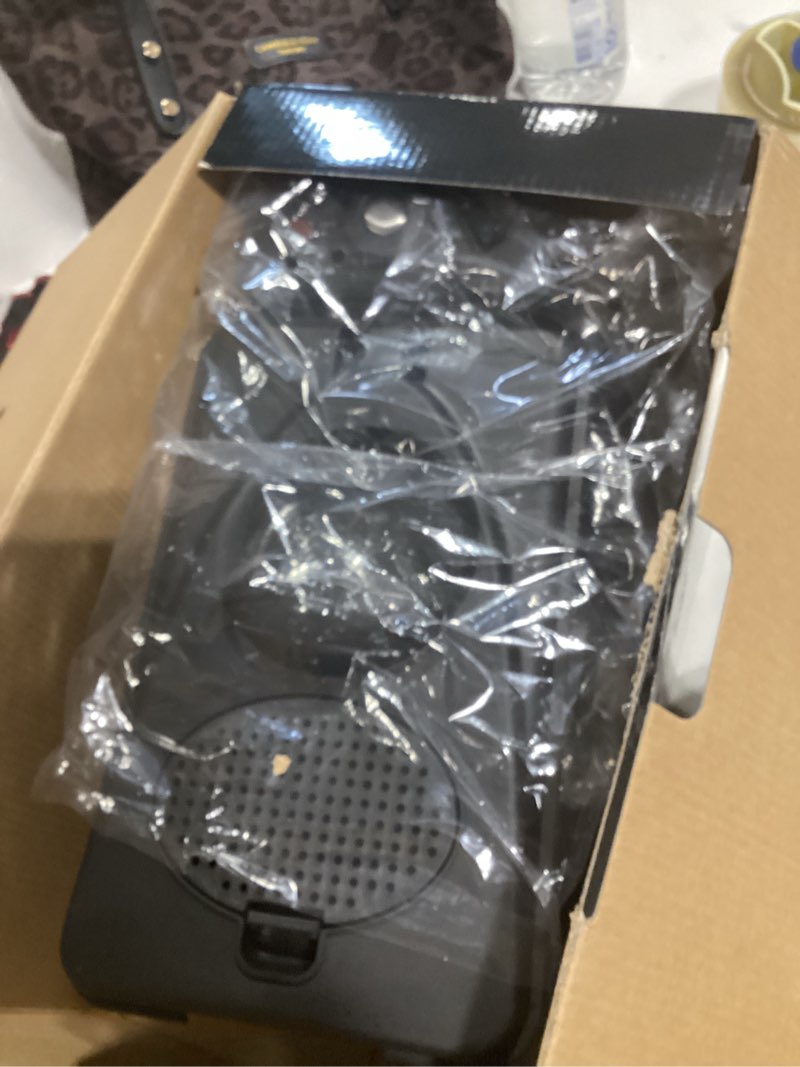 Condition photo showing New/Like New for ovente electric deep fryer 2 liter capacity, 1500 watt lid with viewing window and odor filter, adjustable temperature, removable frying basket and easy to clean stainless steel body, silver fdm2201br fdm2201br - silver