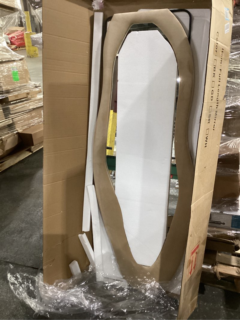 Condition photo showing New/Like New for Full Length Mirror, 63"x24" Full Body Mirrors, Flannel Floor Mirrors with Stand, Irregular Wavy Mirror Hanging or Leaning Against Wall for Bedroom Living Room, Brown Irregular-brown 63"L x 24"W