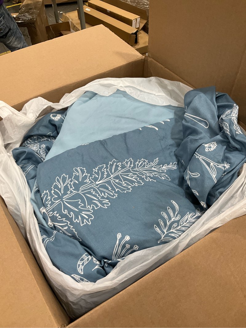 Condition photo showing As Is for Floral Comforter Set King Blue, Cute Flower Bed in a Bag King Boho 7 Pieces, Soft Fluffy Bedding Sets with Comforter, Sheets, Pillowcases & Shams, All Season