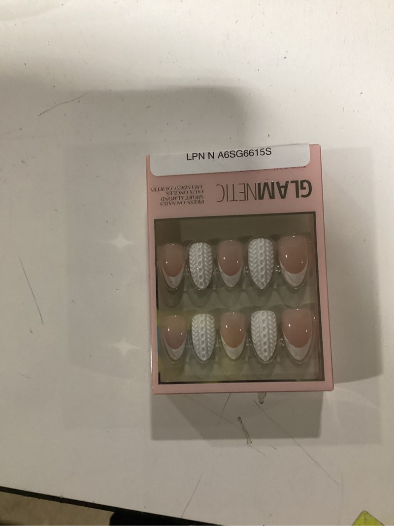 Condition photo showing New/Like New for Glamnetic Press On Nails - Sweater Weather | Short Almond Fake Nails with White Glitter French Tips & 3D Designs in a Glossy Finish, Salon Quality Winter Nails | 15 Sizes - 30 Nail Kit with Glue