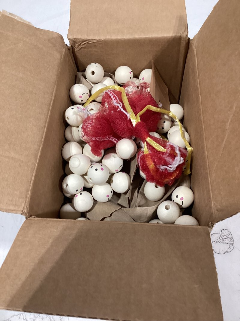 Condition photo showing As Is for danlingjewelry 100pcs large hole painted wooden beads 25mm round happy face wooden beads for diy crafts jewelry making hanging decorations