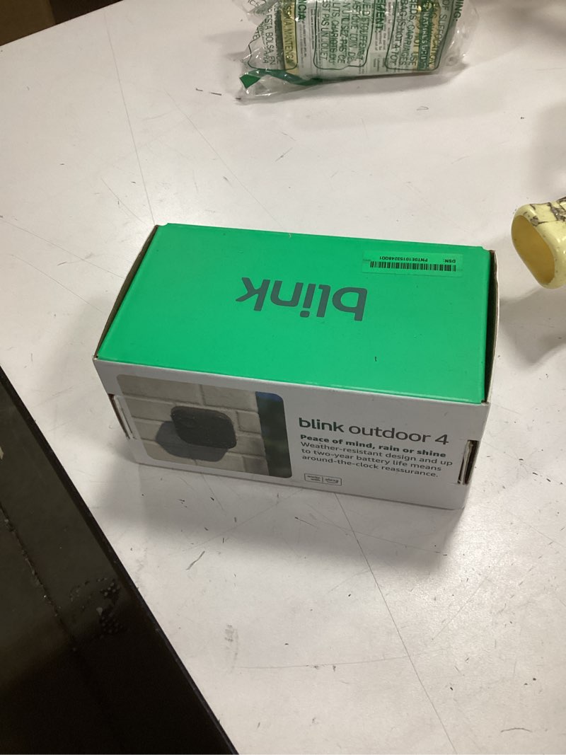 Condition photo showing New/Like New for Blink Outdoor 4 – Wireless smart security camera, two-year battery life, 1080p HD day and infrared night live view, two-way talk. Sync Module Core included – 1 camera system Camera (2-year battery life) 1 Camera System