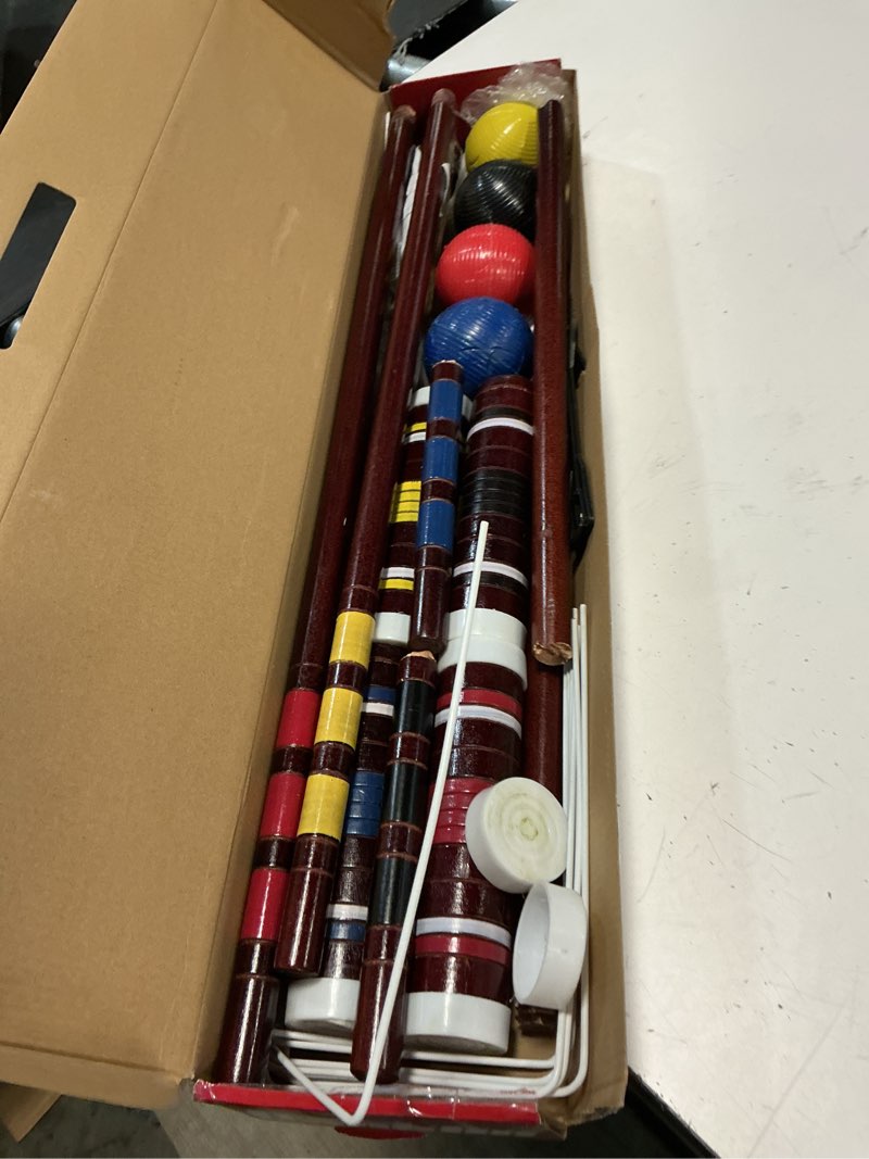 Condition photo showing As Is for franklin sports portable backyard croquet sets - complete 4 + 6 player croquet sets with mallets, croquet balls + wickets included - outdoor family lawn game sets starter