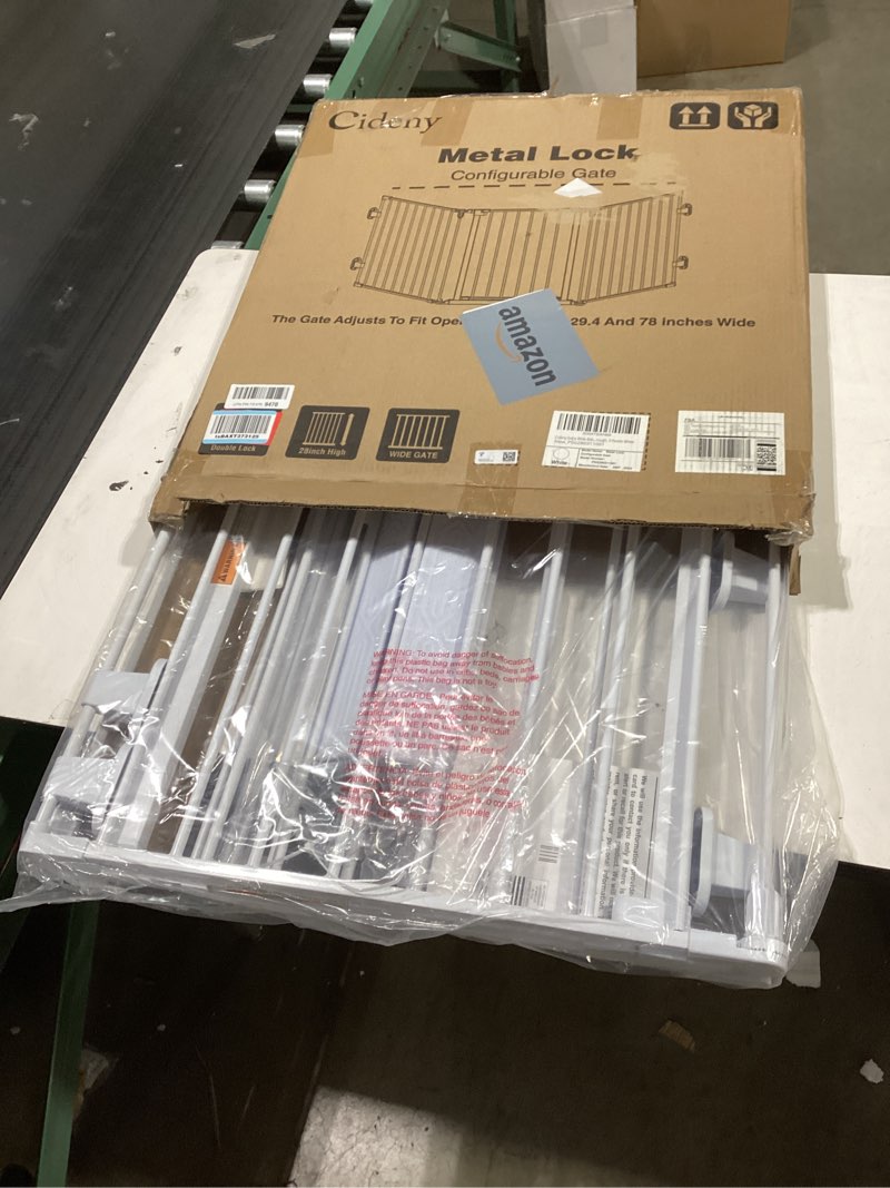 Condition photo showing New/Like New for 78" Extra Wide Baby Gate, Dog Gates Indoor for Doorways Stairs, Essential Safety Gate for Child, Hardware Mounted Adjustable Pet Gate with Anti-Trip Pedal, 28'' Tall 3 Metal Panels White White 78" Wide