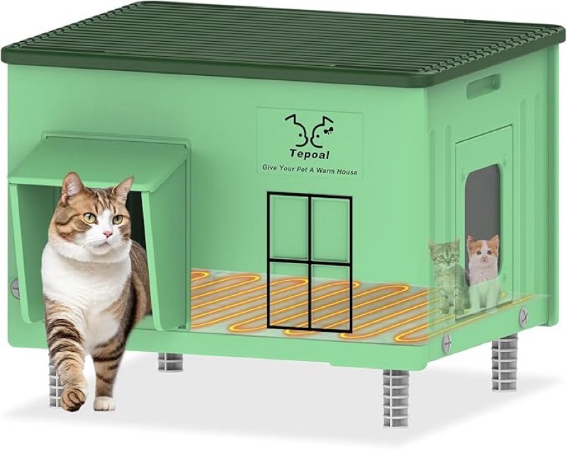 large plastic heated cat house for outside, elevated outdoor cat shelter 100% weatherproof & insulated with safe escape door, outdoor cats house with heated for barn cats green 21.6"x17"x17.5"
