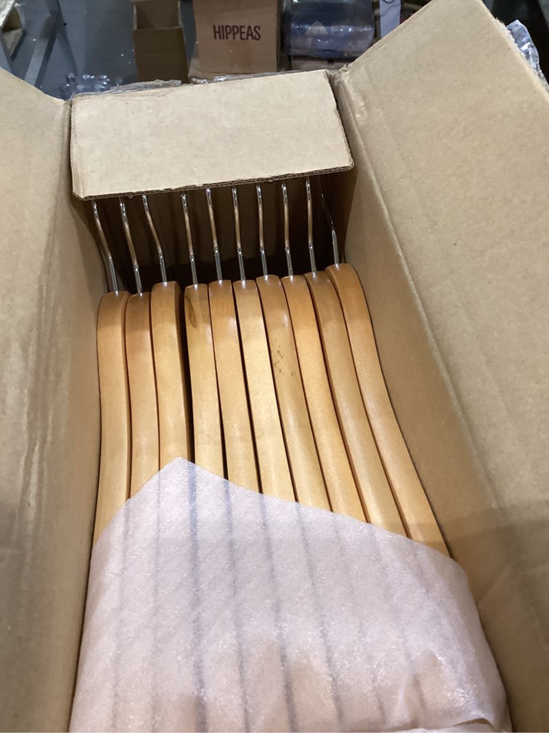 Condition photo showing As Is for ZOBER High-Grade Wooden Hangers - Heavy Duty, Non Slip Wood Hangers for Coats, Jackets, Suits, & Pants - Clothes Hangers for Closet W/Bar and Notches 20 Pack Natural 20 pack
