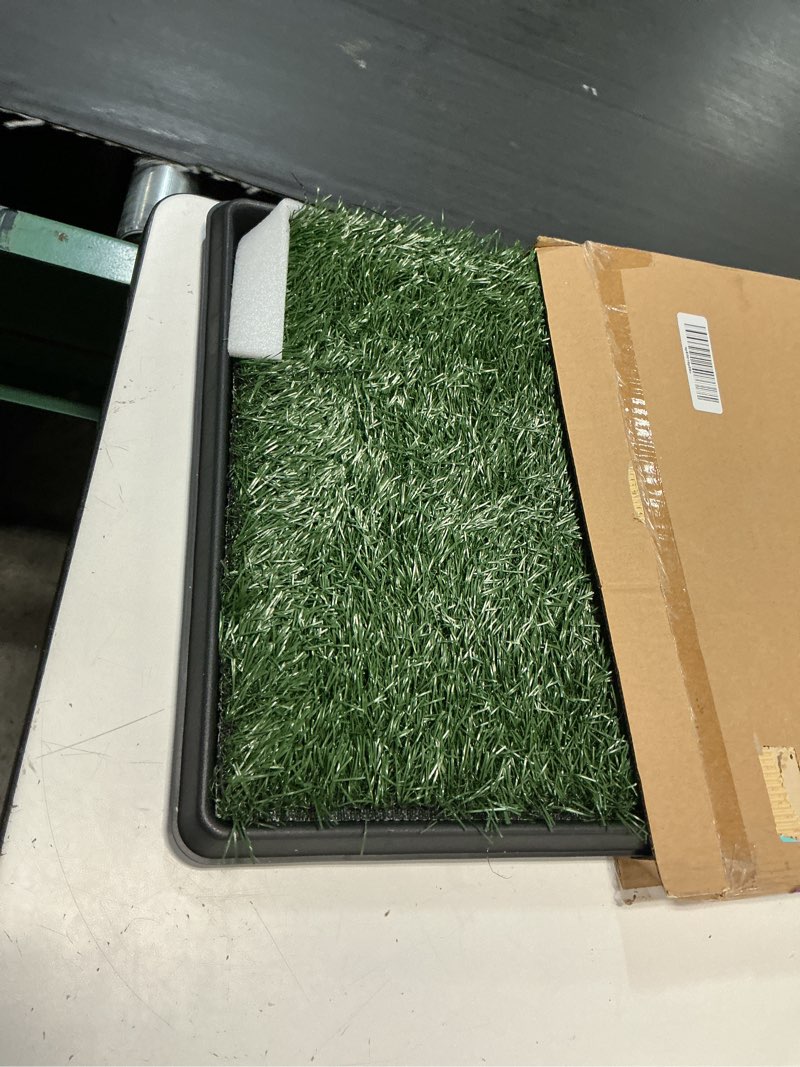 Condition photo showing As Is for artificial grass puppy pad with tray 16x20 inch | reusable indoor & outdoor dog potty training mat system | washable fake grass pet housebreaking pad for puppies & small to medium dogs by petmaker small 3-layer system