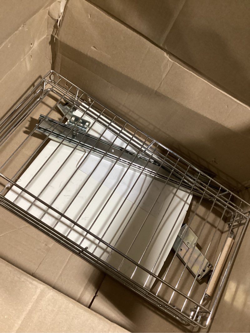 Condition photo showing As Is for Pull out Cabinet Organizer, 12"W X 21"D, Heavy Duty Smooth Sliding Under Cabinet Shelves for Pots and Pans, Full-Extension Roll out Drawers, Slide out Organization for Home Kitchen Pantry Chrome 12" W x 21" D (1-Tier)