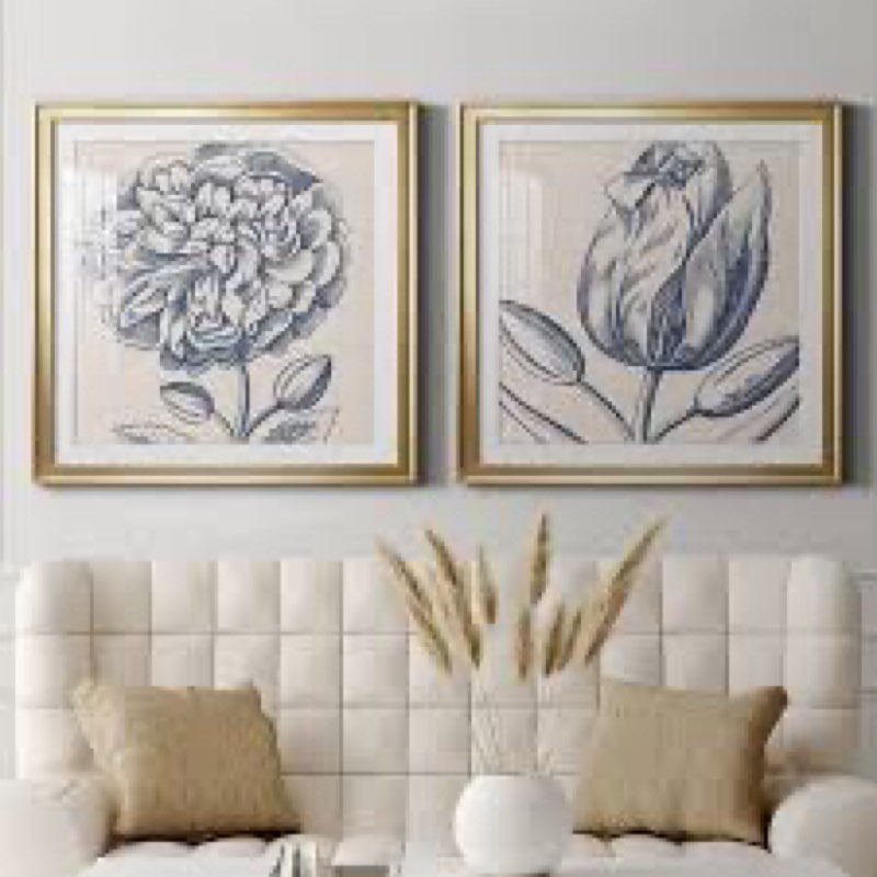 indigo floral on linen iii - 2 piece picture frame graphic art print set size: 26.5" h x 53" w x 1.5" d, format: black framed canvas, mat color: no mat