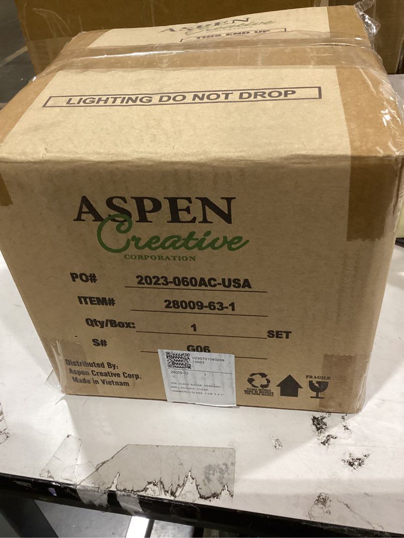 Condition photo showing New/Like New for aspen creative 28009-63-1 clear hammered glass shade for pendant lights, wall sconces, and lamp posts, 1-7/8" fitter size, 6-5/8" high x 7-1/8" diameter clear hammered 6.5"w x 6.13"h