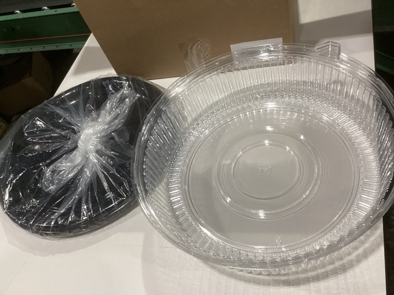 Condition photo showing New/Like New for Frcctre 2 Pack 16 inch Plastic Serving Tray with Clear Lid, Heavy Duty Round Large Appetizer Serving Trays Catering Tray Party Platters for Vegetable Catering Picnic