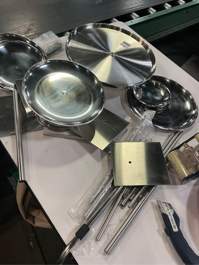 Condition photo showing As Is for Zubebe 6 Pcs Dessert Table Display Set 2 Stainless Steel Cupcake Stand 3 Tier Cake Holder 3 Rectangle Serving Tray 1 Round Cake Tray Tiered Candy Cupcake Tower for Party Wedding Birthday (Silver)