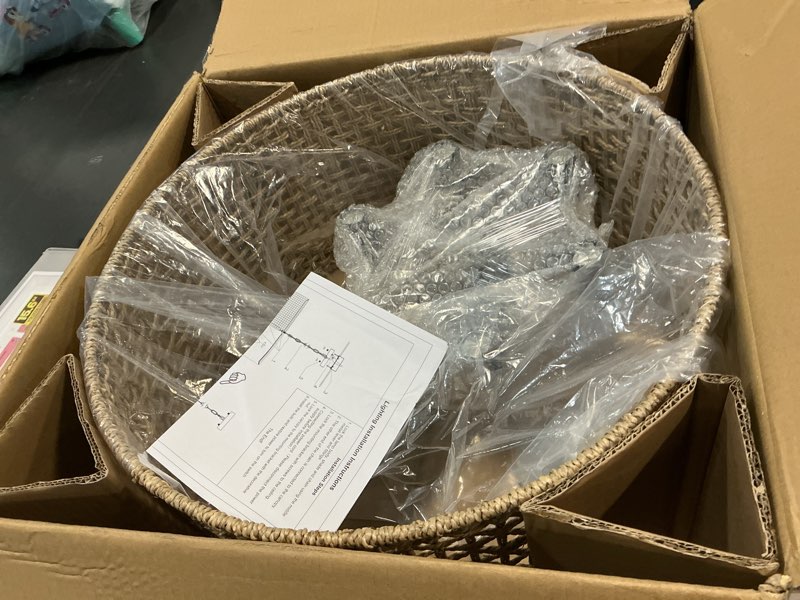 Condition photo showing Good Condition for 20" rattan hand-woven boho wicker chandelier - 6-light drum farmhouse oversized vintage pendant light fixture for dining room, kitchen island, entryway (black) black 6-light 20" rattan