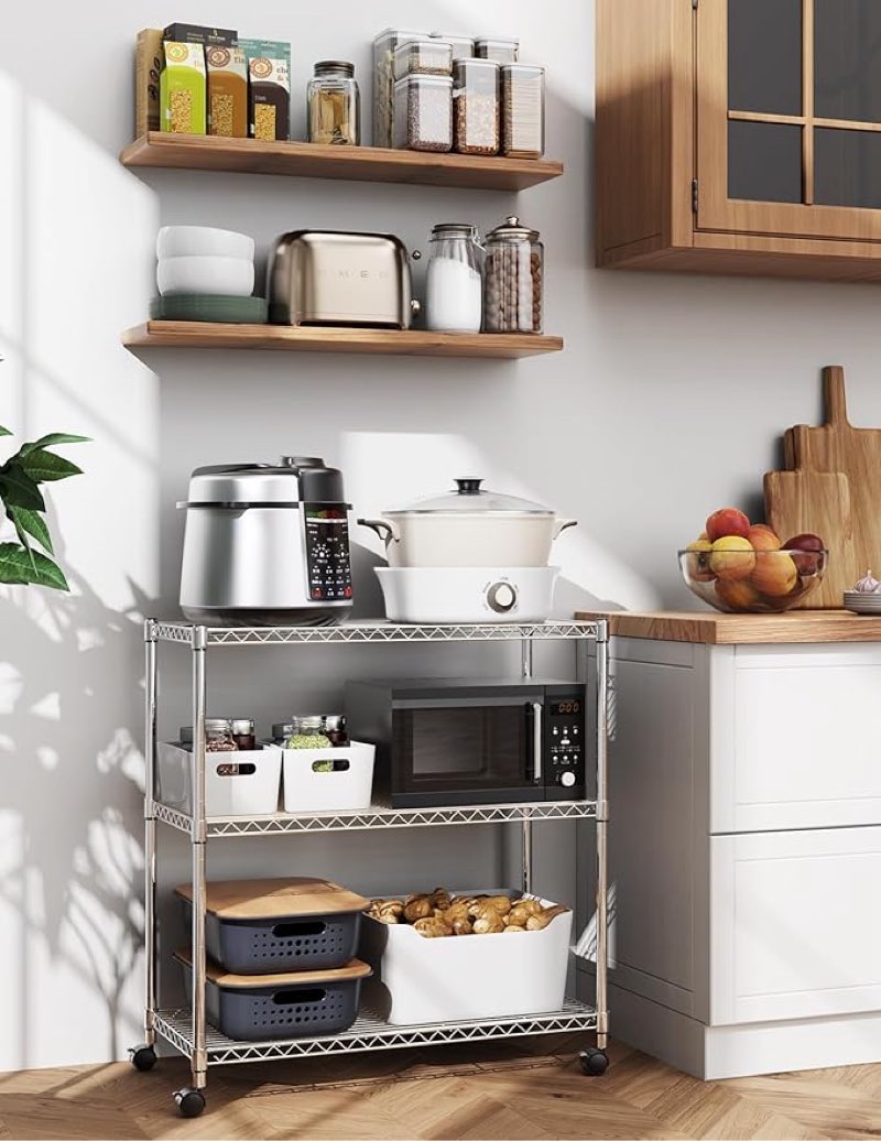 simple deluxe heavy duty 3-shelf shelving unit with wheels, adjustable steel wire shelving, chrome metal shelf organizer for kitchen organization and storage, 750 lbs capacity