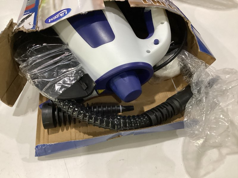Condition photo showing As Is for handheld steam cleaner, 230°f pressurized steamer with no water spitting & continuous steam, 350ml chemical-free deep cleaning for grease & grime, 12 accessories for grout, bathroom, kitchen & car ice white & sky blue