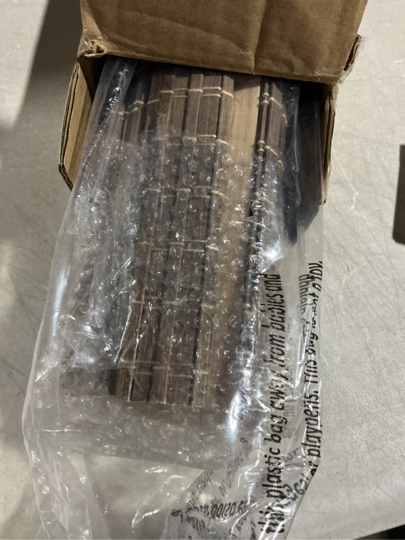 Condition photo showing As Is for lazblinds cordless bamboo roman shades, privacy blinds for interior windows, room darkening roll up bamboo blinds for home & patio, 26.5" w x 48" h, bdp-driftwood privacy - driftwood 26 1/2" w x 48" h