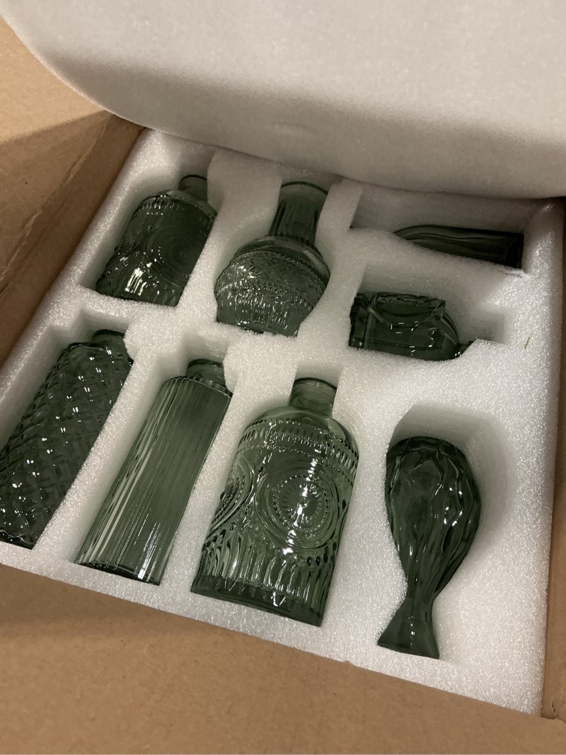 Condition photo showing New/Like New for glass bud vase set, 16pcs small green flower vases for table centerpieces in bulk, mini vintage vase for wedding, home, table decoration green 16