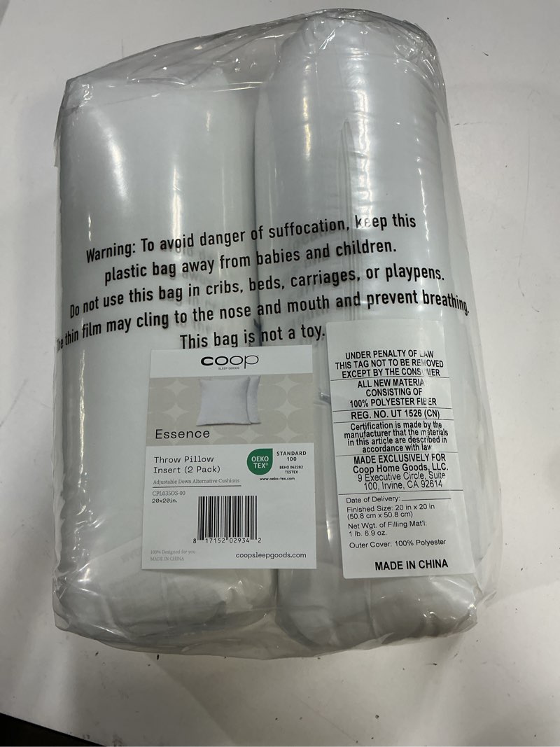 Condition photo showing New/Like New for coop home goods essence adjustable throw pillow inserts 20x20, set of 2, adjustable down alternative cushions for couch, bed, or chair, decorative square pillows for living room, oeko-tex certified essence down alternative 20x20