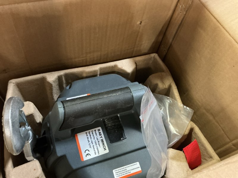 Condition photo showing Good Condition for portable drill winch of 1500 lb, grey handheld drill winch with 40 foot synthetic rope, rotate the hook 360 degrees, for lifting & dragging (down strap with d rings)