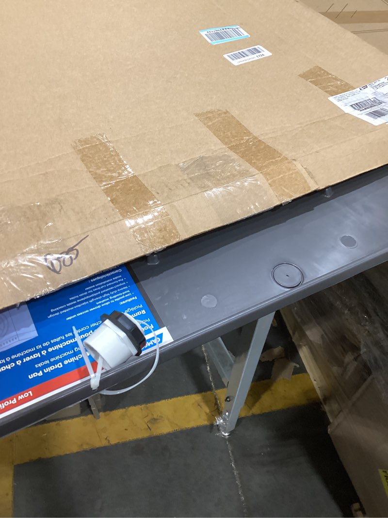 Condition photo showing Good Condition for camco low profile washing machine drain pan with pvc fitting - 29 inch x 33 inch id and 30.5 inch x 34.5 inch od - protects your floors from washing machine leaks - easy to use - graphite - 20784 standard packaging graphite 30.5" x 34.5"