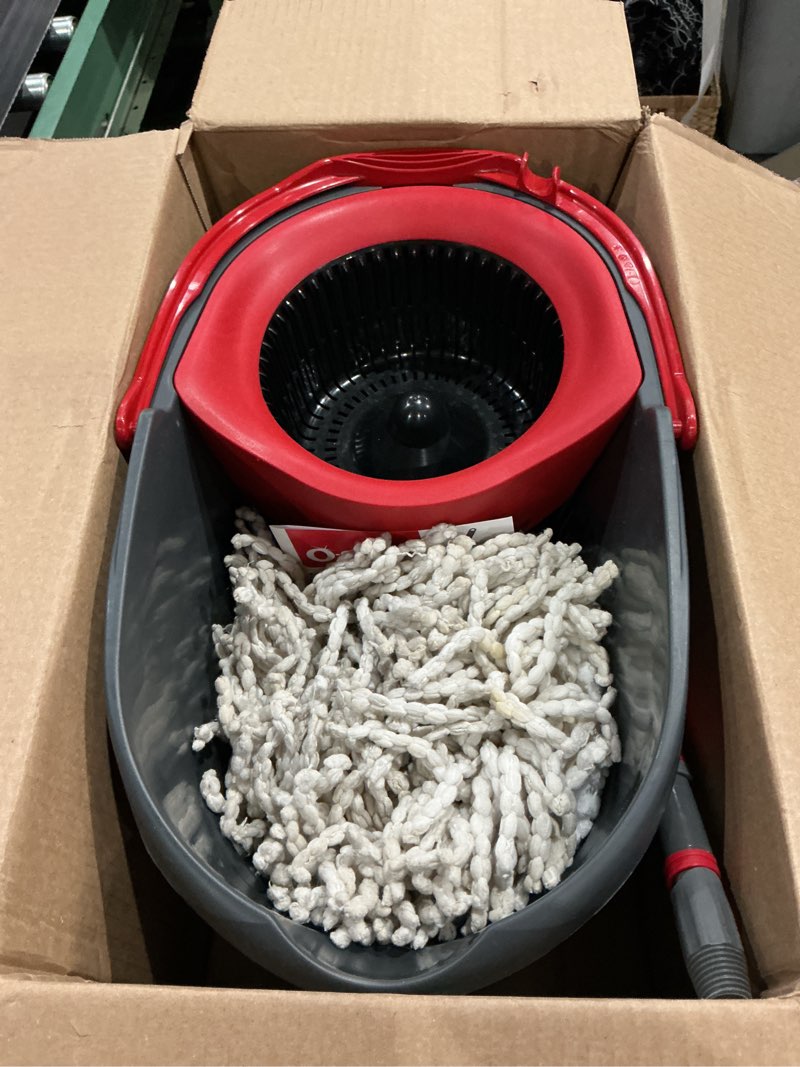 Condition photo showing As Is for o-cedar easywring microfiber spin mop & bucket floor cleaning system + 2 extra refills, red/gray spin mop & bucket with 2 extra refills
