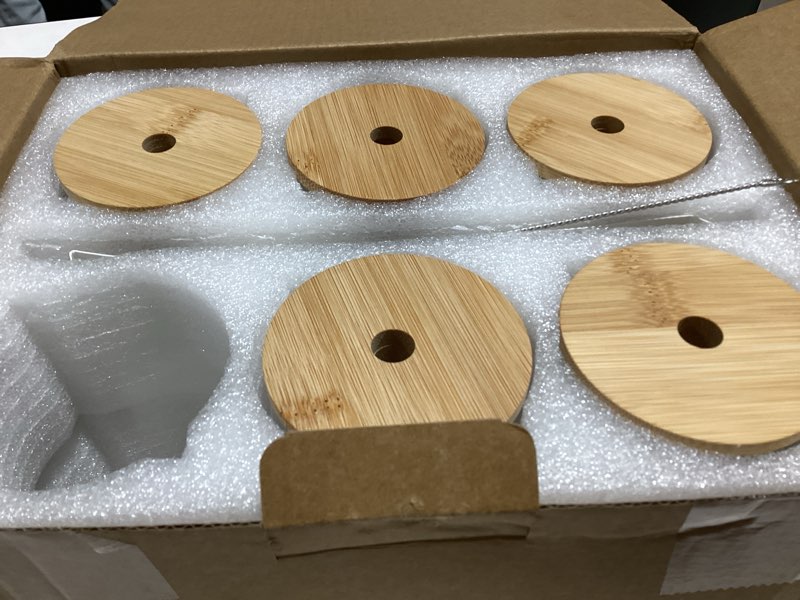 Condition photo showing As Is for 5 glass cups with bamboo lids and glass straw - beer shaped drinking glasses, 16 oz iced coffee glasses, cute tumbler cup for smoothie, boba tea, whiskey, water - 2 cleaning brushes 6 pack