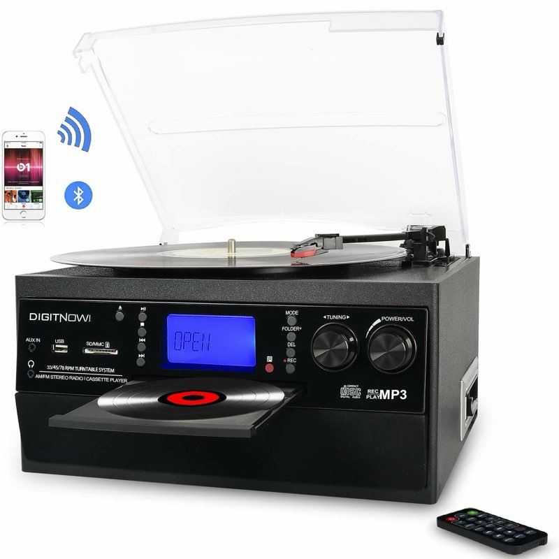 bluetooth record player vinyl turntable to mp3 cd cassette player am/fm radio