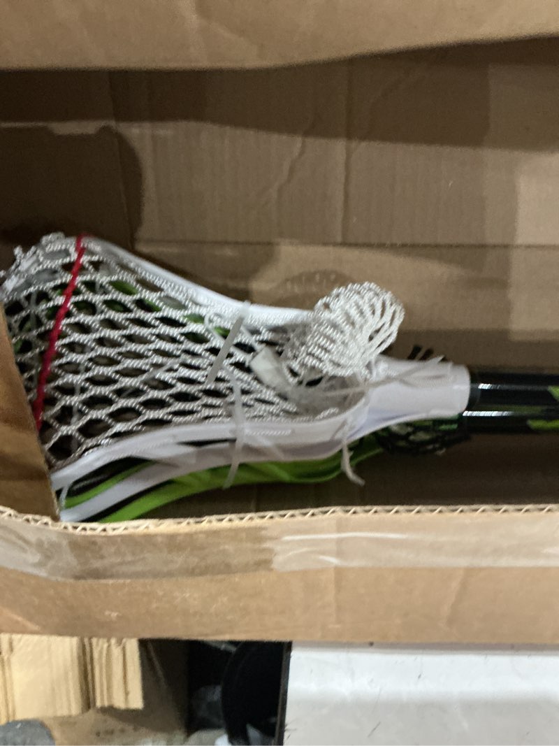 Condition photo showing As Is for franklin sports future champs 2 player youth lacrosse sticks + ball set - kids 32" inch beginner backyard practice lax sticks + lightweight soft lacrosse ball - toy kids lax set green and white