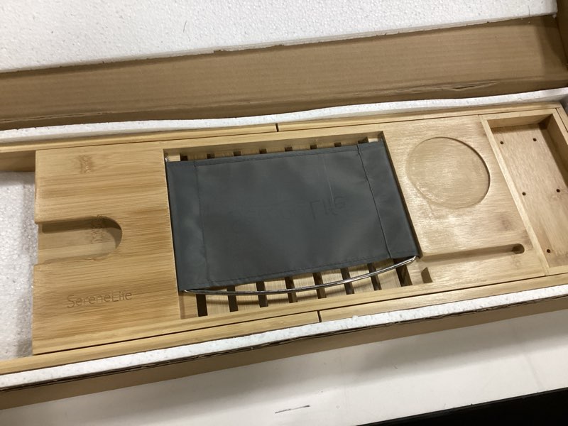 Condition photo showing As Is for SereneLife Luxury Bamboo Bathtub Caddy Tray - Adjustable Natural Wood Bath Tub Organizer with Wine Holder, Cup Placement, Soap Dish, Book Space & Phone Slot for Spa, Bathroom & Shower - SLBCAD20 1) Classic Legacy