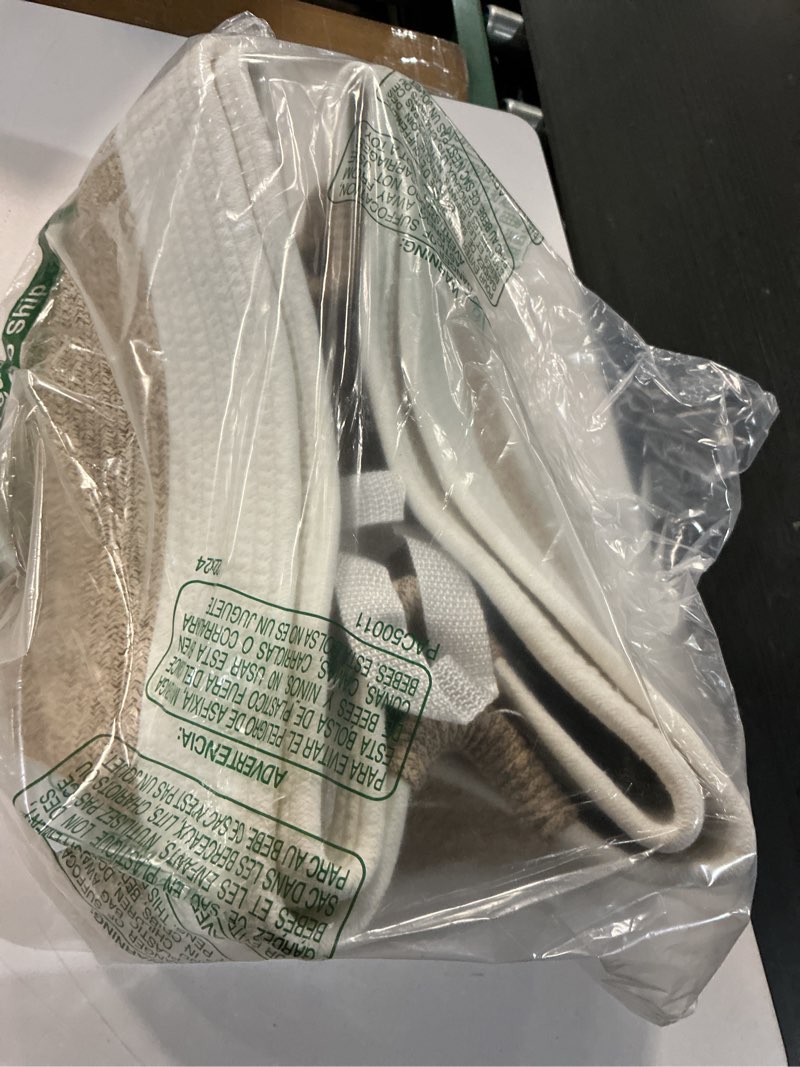 Condition photo showing Good Condition for 2 pack large storage basket for organizing, 17.5"x13"x7" woven basket for shelves, closet cube storage bins with wrapped handle, cotton rope baskets for kitchen, clothes, toys(off white & brown) off white & brown 2 pack