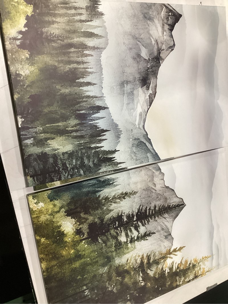 Condition photo showing As Is for TBKHUDBI Forest Canvas Wall Art Abstract Mountain Landscape Painting Prints Set of 3 Foggy Nature Wilderness Themed Picture Poster Decor for Living Room Bedroom Bathroom 16"x24" Framed ink 16"x24" Canvas