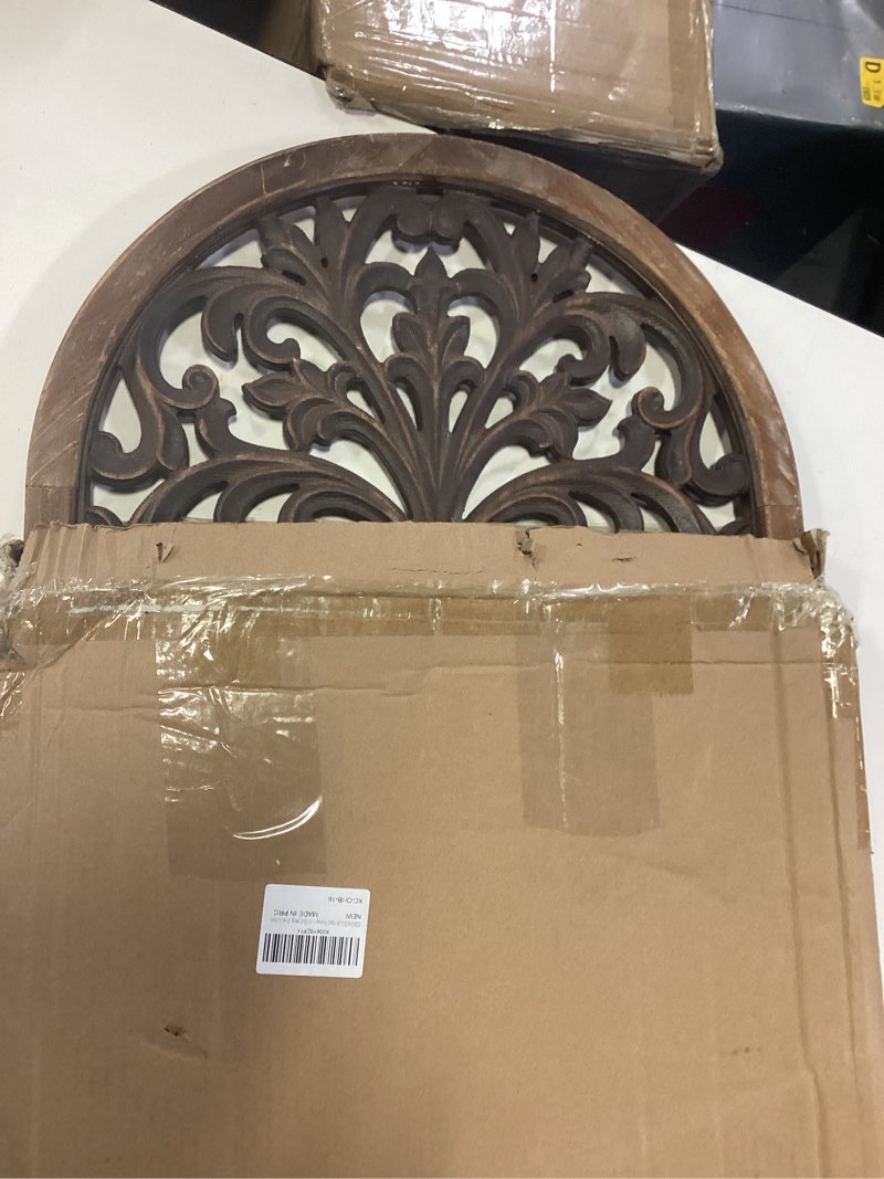Condition photo showing Good Condition for xiaoaika arched vintage wall decor panel with distressed solid wood frame and ornate carved floral relief design, european style decorative wall art for living room bedroom entryway, 16 x 32 inch distressed brown