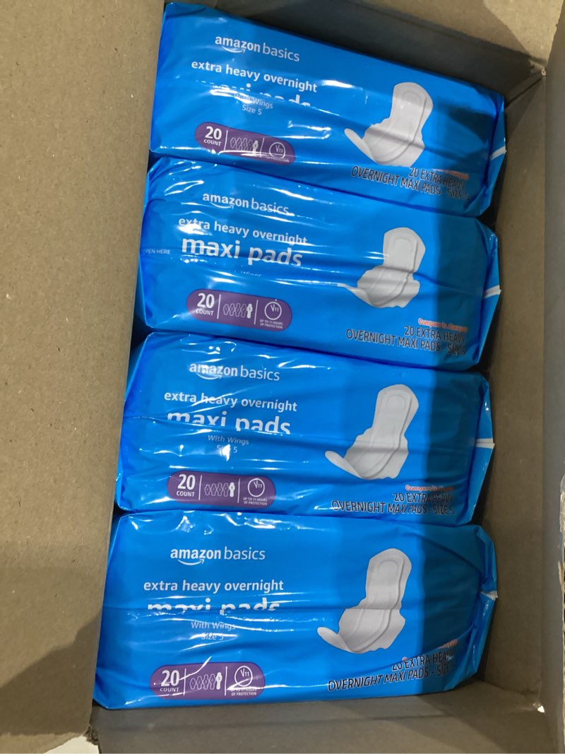 Condition photo showing New/Like New for Amazon Basics Thick Maxi Pads with Wings for Periods - Extra Heavy Overnight Absorbency, Unscented, Size 5, 80 Count (4 Packs of 20) (Previously Solimo) Size 5 80