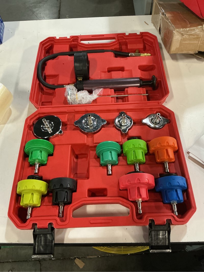 Condition photo showing Good Condition for 14pcs pressure leak tester tool kit, radiator pump pressure tester for automotive cooling system, water tank leakage detection tool set red 1 14