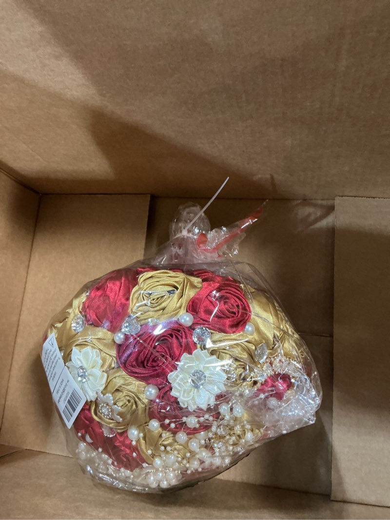 Condition photo showing Good Condition for bridal wedding bouquet with rhinestone brooch pearl bouquet for bride bridesmaid quinceanera satin rose flower bouquet wedding burgundy and gold 8.7in burgundy and gold (standard size: dia.8.7")