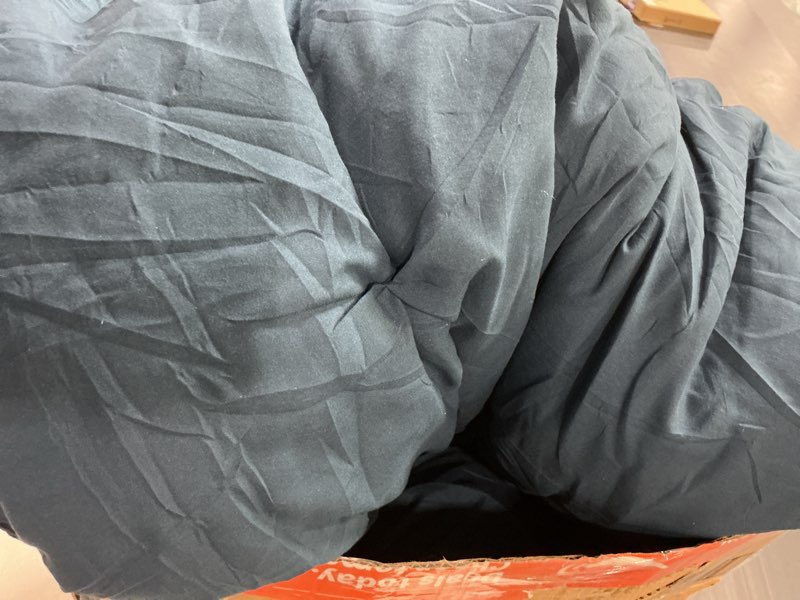 Condition photo showing As Is for andency california king comforter set navy blue (104x96inch), pinch pleat cal king comforter set 3 pieces, oversized king pintuck bed comforter, polyester down alternative comforter bedding set navy blue california king (104"x96")