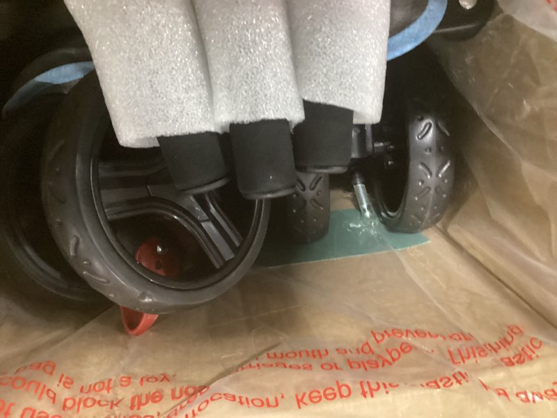 Condition photo showing As Is for Dream On Me Volgo Twin Baby Stroller, Lightweight Side-by-Side Double Umbrella Stroller with Adjustable Canopy, 5-Point Harness, Storage Basket & Travel-Friendly Fold – Blue and Dark Grey