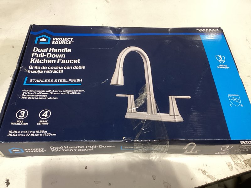 Condition photo showing As Is for project source stainless steel double handle deck-mount pull-out kitchen faucet with sprayer
