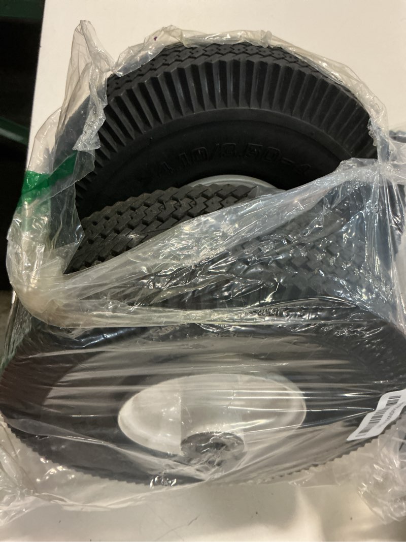 Condition photo showing Good Condition for 105-3471 front wheel and tire assembly 4.10x3.50-4 compatible with toro timecutter & exmark quest z-turn mowers, 3/4" id, 4-1/4" hub, grease zerk, durable replacement - 2 pack
