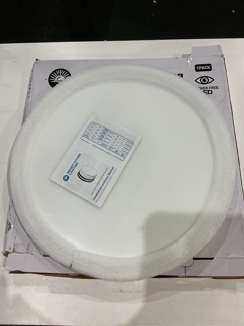 Condition photo showing As Is for 1pack 20 inch remote control dimmable large led flush mount ceiling light panel,40w 4350lm,2700k-6000k adjustable color,ultra thin round white ceiling light fixture for hallway kitchen home office remote control dimmable-20inch-1pack white