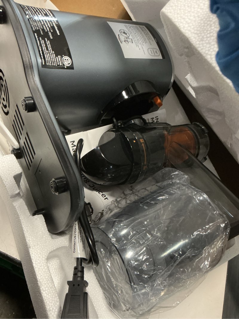 Condition photo showing As Is for silonn slow masticating cold press juicer machines, high juice yield, self-feeding with 5.4” large chute for whole fruits & vegetables, reverse function black