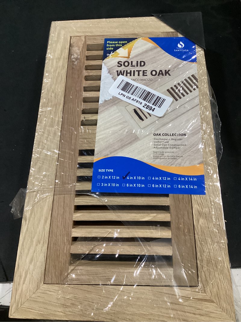 Condition photo showing As Is for oak floor register for 4x10 inch duct holes - flush mount floor vent with metal damper - white wooden vent covers for home floor - 0.8 inch thickness - unfinished - 2pcs 4 x 10 2pcs-white oak