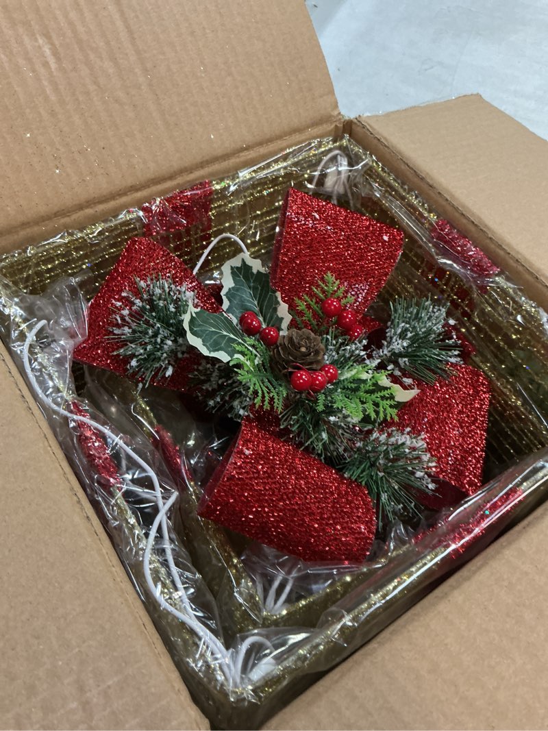 Condition photo showing As Is for National Tree Set of 3 Gold Thread Giftbox with Holly & 35 Clear Indoor/Outdoor Lights (MZC-188)