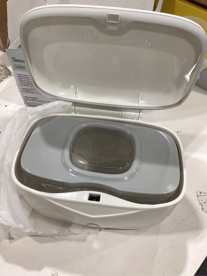 Condition photo showing As Is for wipes dispenser with weighted plate, x2 pro, seposeve perfect pull baby wipe holder, refillable wipe container, keeps wipes fresh, one-handed operation. non-slip, easy open/close wipes case, grey