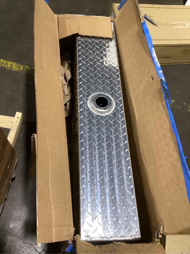 Condition photo showing As Is for Buyers Products 1702305 Black Steel Underbody Truck Tool Box – 18 x 18 x 36 Inch Heavy-Duty Job Box, Weather-Resistant Truck Bed Storage, Locking T-Latch, Made in USA