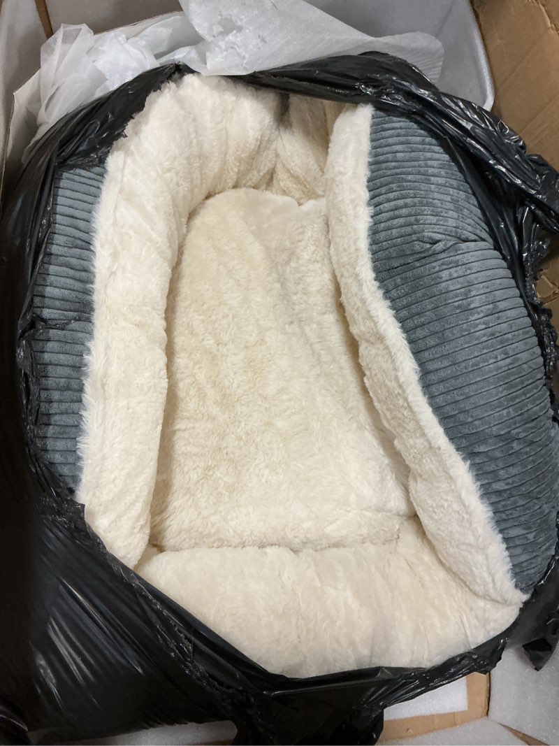 Condition photo showing Good Condition for 36 inches donut dog bed for large dogs - calming round pet bed with removable&washable cover, plush faux fur & corduroy, fits pets up to 80 lbs(dark grey, large) 36.0"l x 36.0"w x 8.0"th dark grey